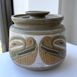 Arlene Jo Mickelson Pottery Lidded Motif Canister Jar PNW Native American Style